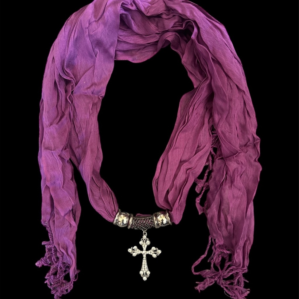 NEW - Paige Danielle Lightweight Purple Scarf with Silver & Cross pendant